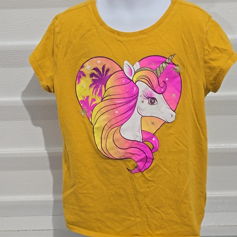 Children's Place Yellow Unicorn Heart‎ T-shirt Size Large 10/12